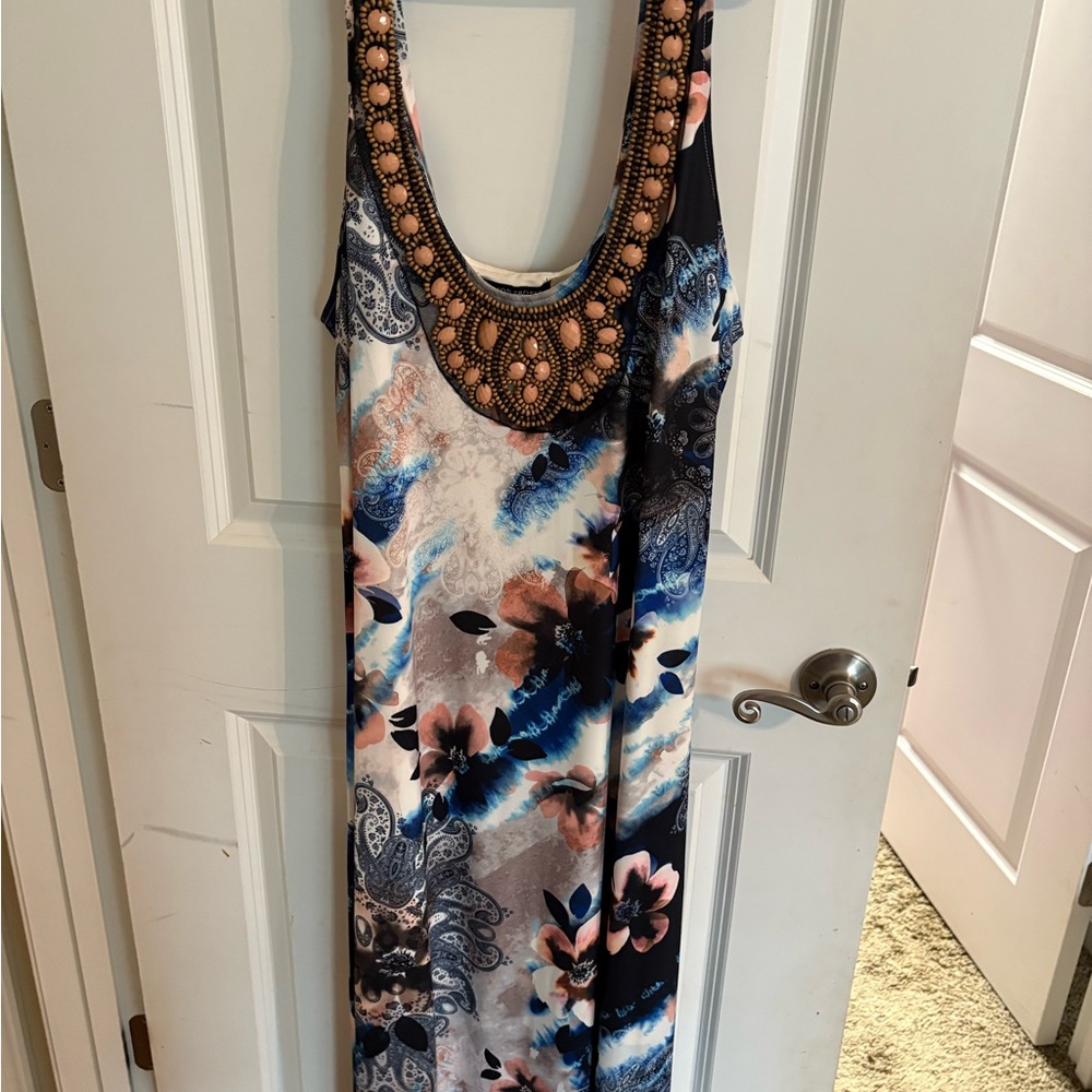 Boston Proper Blue and Pink Embellished Maxi Sundress